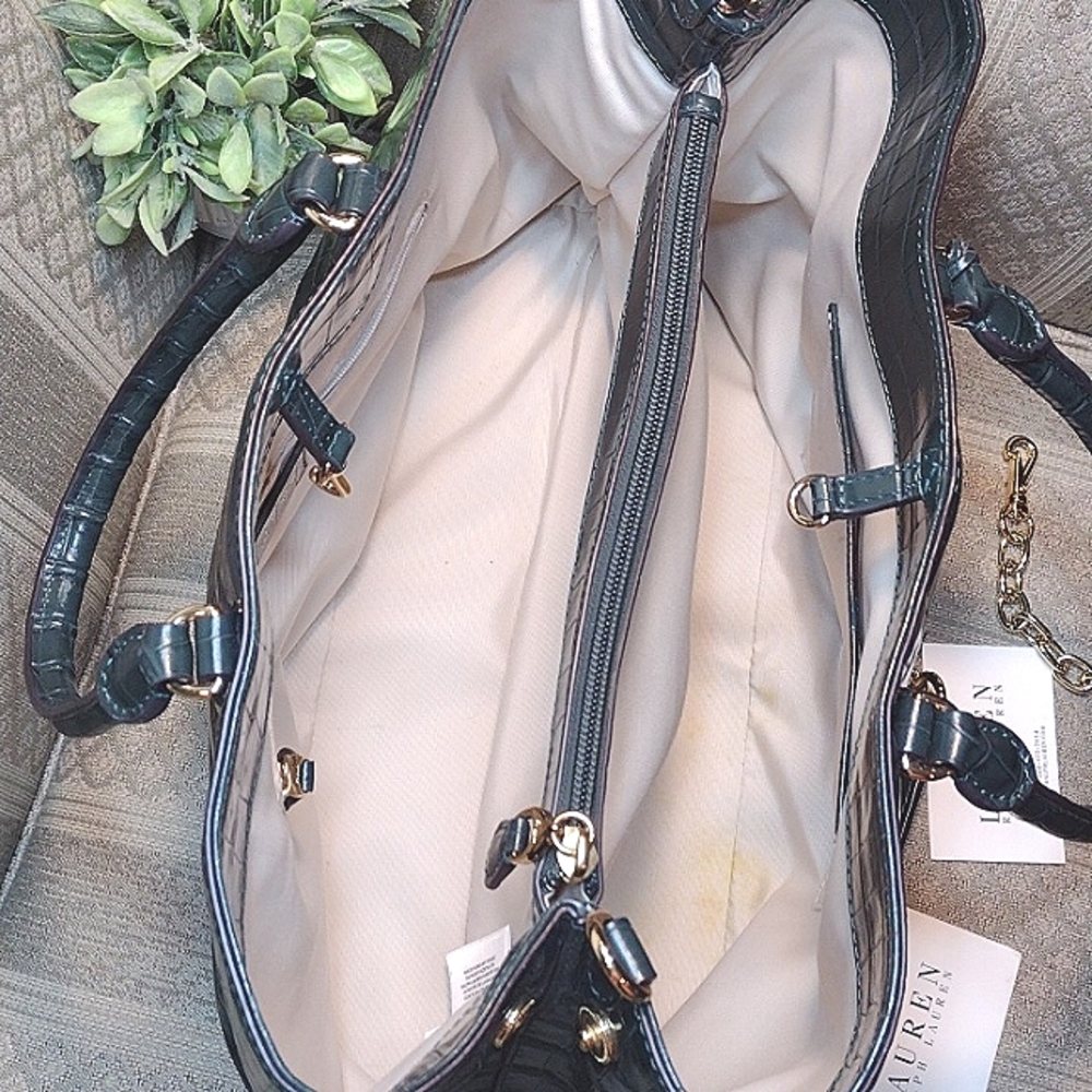 Lauren Ralph Lauren Black Croc-Embossed Patent Satchel with Crest - Picture 10 of 16